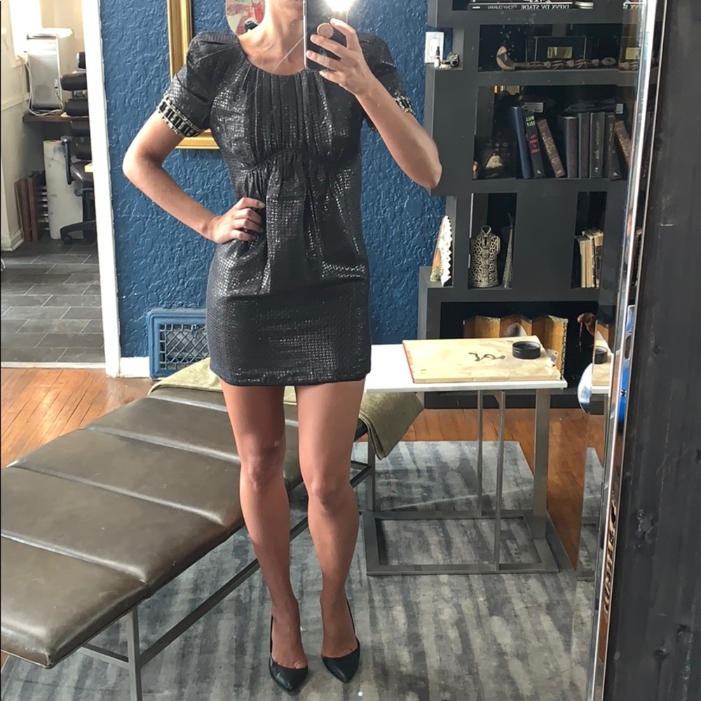 Designer metallic beaded mini cocktail dress